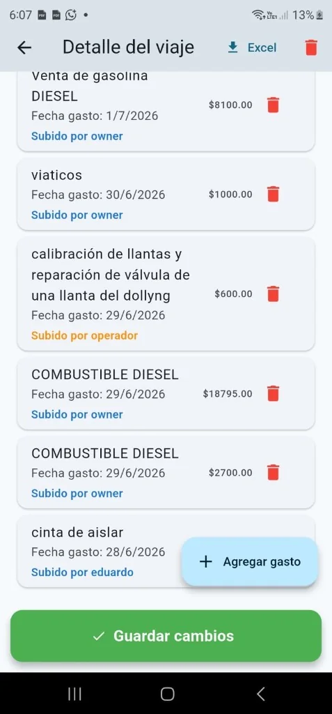 Resumen mensual operativo en Android con rentabilidad de la flotilla