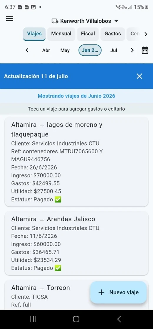 Pantalla de Control Tractocamión con lista de viajes, ingresos, gastos y utilidad por tractocamión