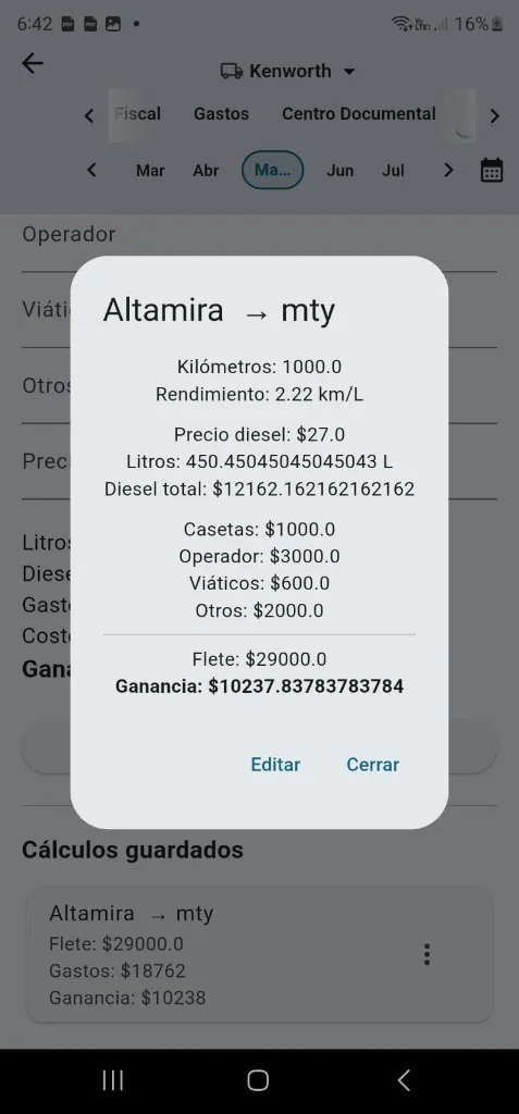 Lista de viajes de tractocamiones en iPhone con ingresos, gastos y utilidad